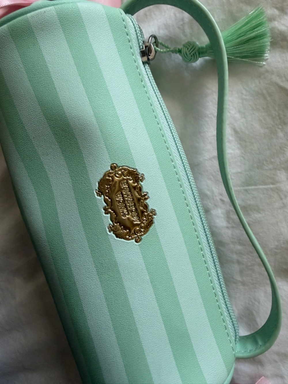Bath & Body Works Mint Striped Cosmetic Pouch with Pink Ribbon - Picture 2 of 4
